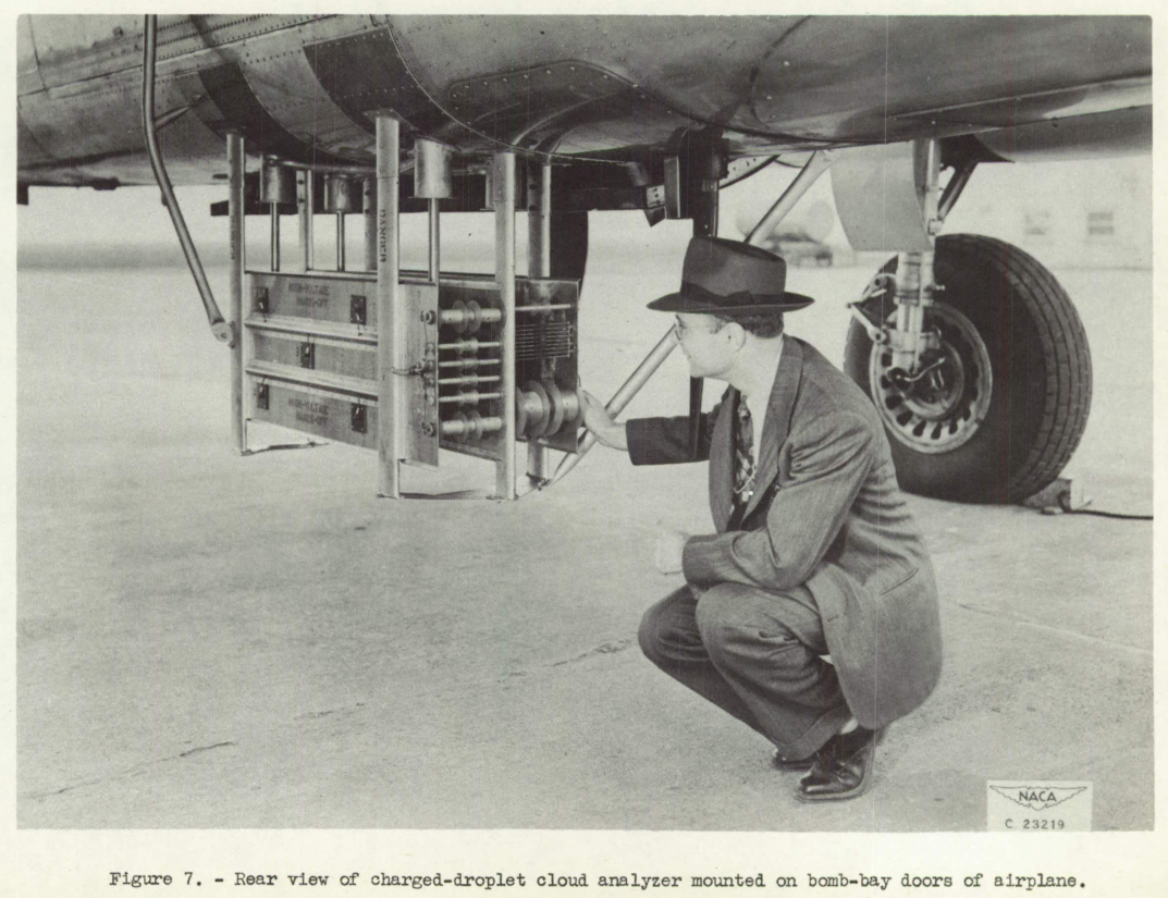 Figure 7 from NACA-TN-2458. Rear view of charged-droplet cloud analyzer mounted on bomb-bay doors of airplane.